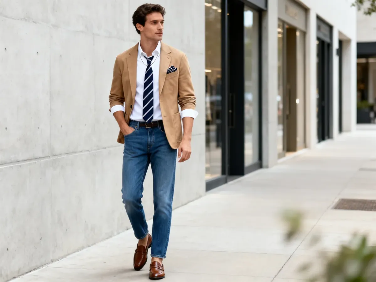 Preppy stylizacja z jeansami, koszulą, krawatem i mokasynami
