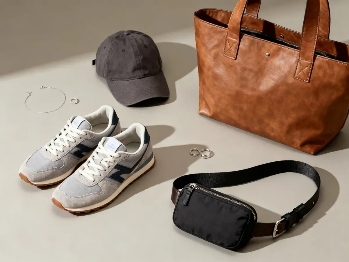 Dodatki do stylizacji athleisure: sneakersy, czapka, torba i minimalistyczna biżuteria