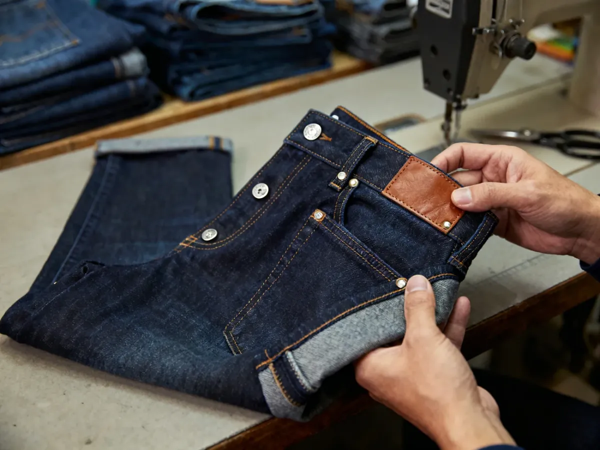 Kontrola szwów, nitów, guzików i wykończenia jeansów premium