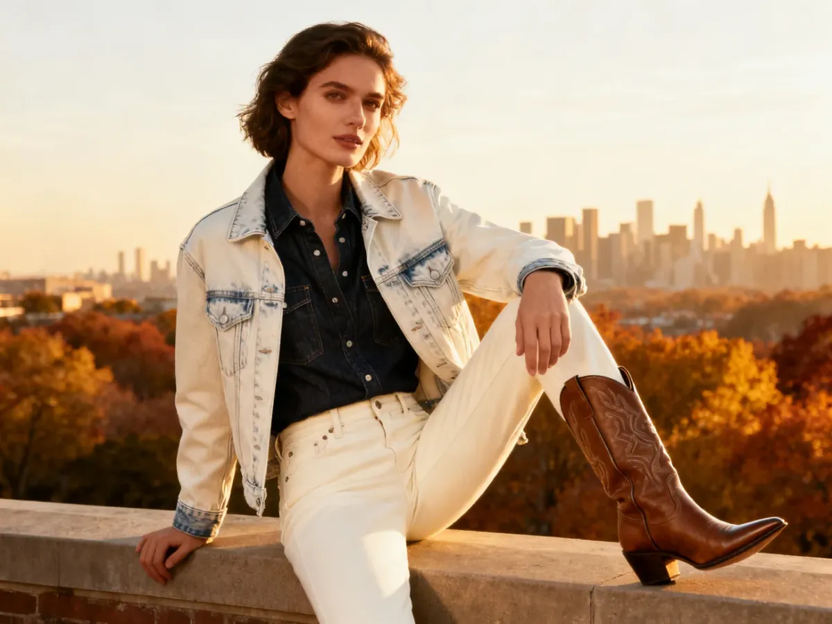 Warstwowa stylizacja denim-on-denim z jasnymi jeansami i kowbojkami