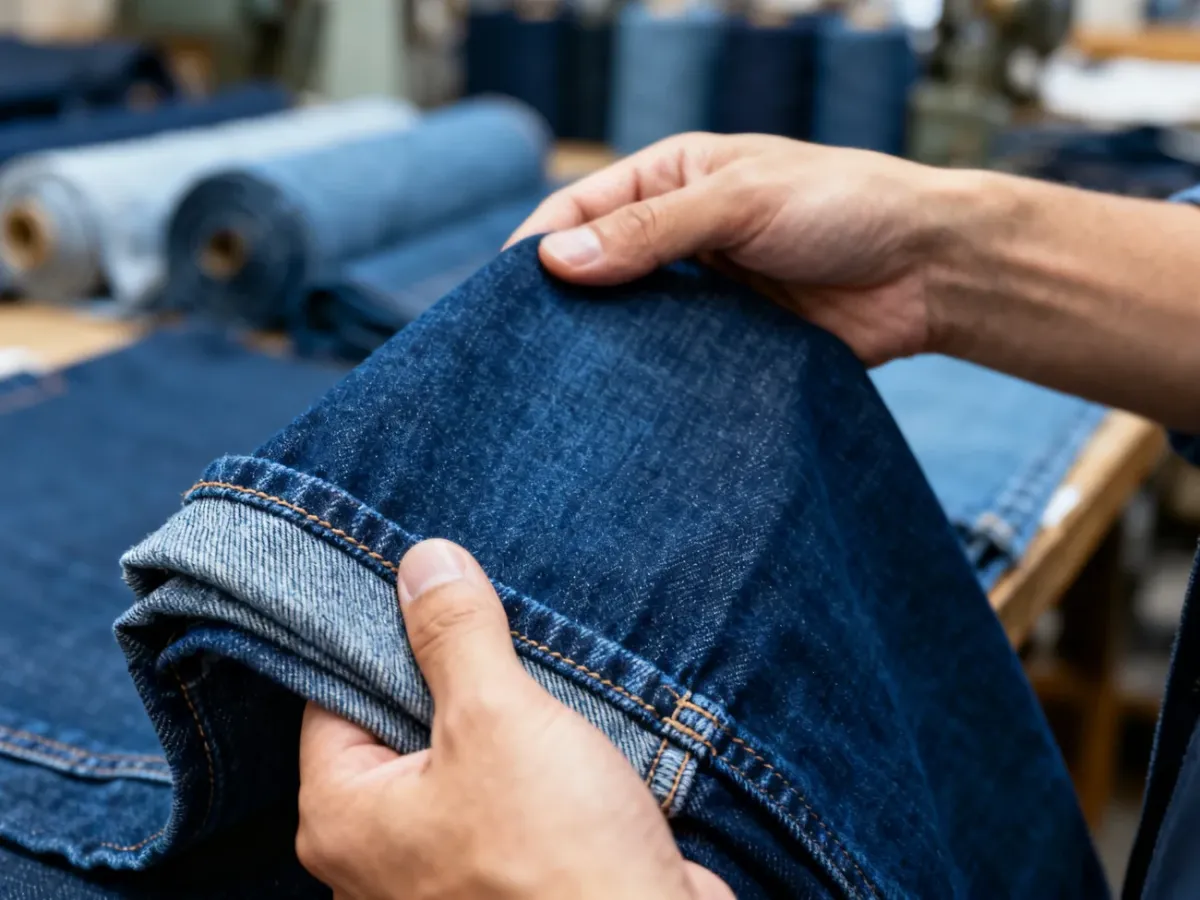 Zbliżenie na ocenę grubej tkaniny i detali spodni z raw denimu