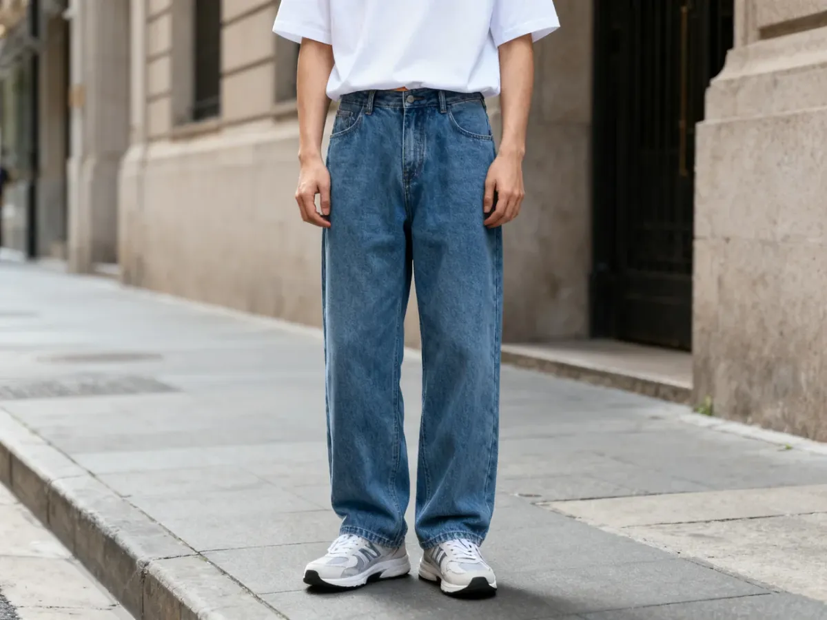 Casual streetwear outfit with relaxed jeans, a tucked T-shirt and sneakers