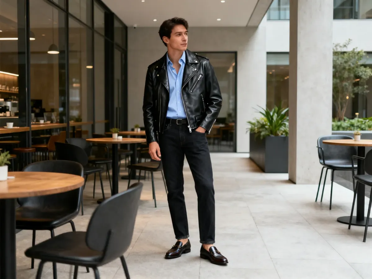 Smart-casual outfit with a biker jacket, shirt, dark jeans and loafers