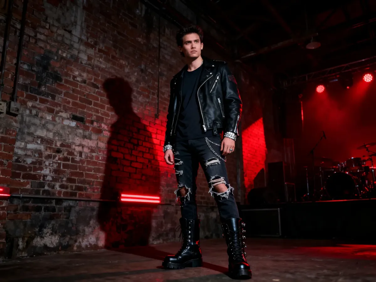 Rock-inspired outfit with a biker jacket, distressed jeans and heavy boots