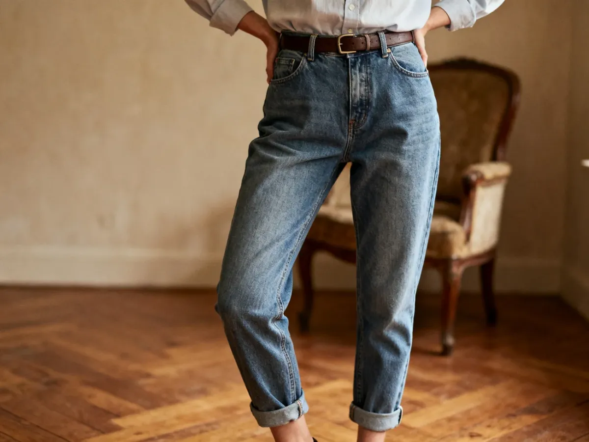 Wysokie jeansy Mom z luźnymi udami i podwiniętą nogawką