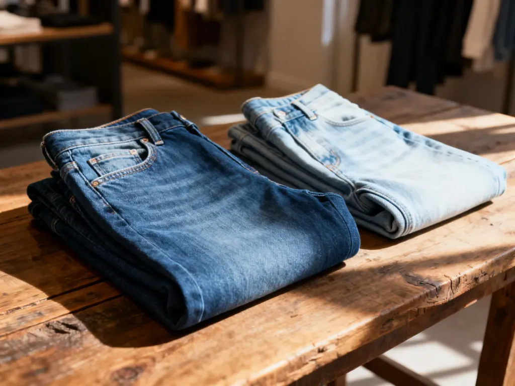 Dwie pary jeansów – straight i tapered – złożone na drewnianym stole, prezentujące różnice w kroju i odcieniu denimu.