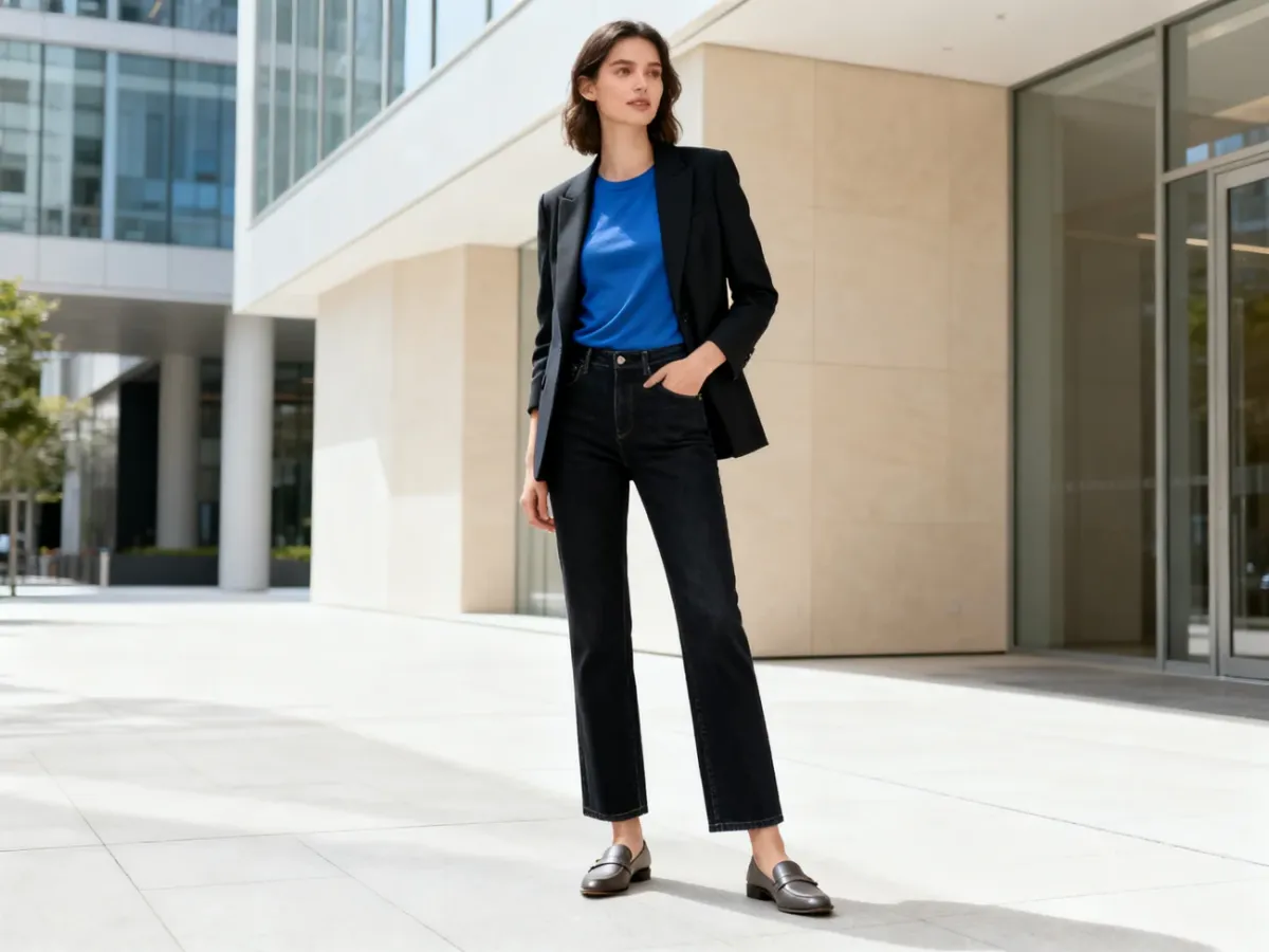 Kobieta w prostych jeansach, marynarce i mokasynach w stylizacji business casual