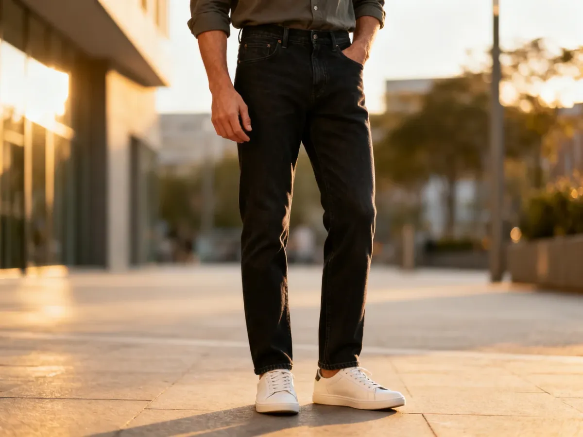 Uniwersalna męska stylizacja z ciemnymi jeansami straight
