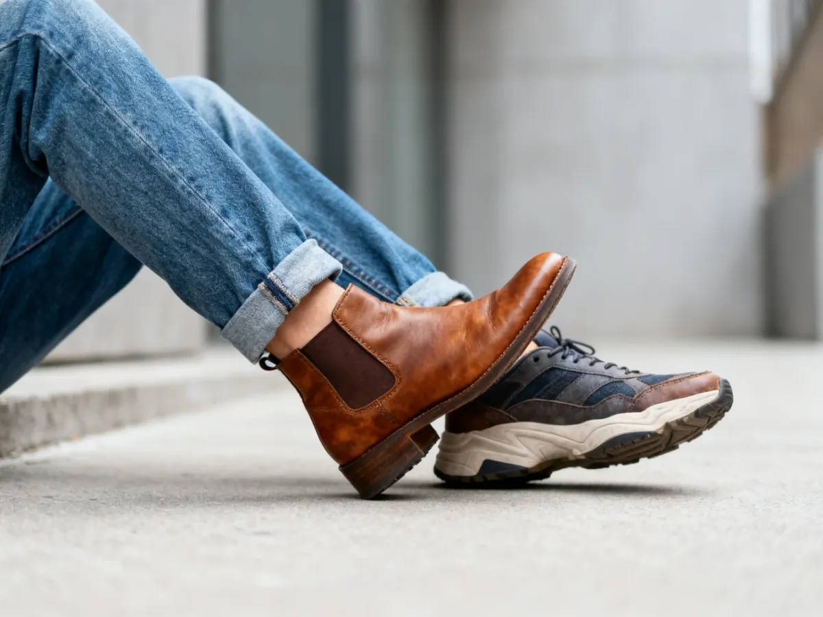 Cuffed relaxed jeans highlighting ankle boots and sneakers