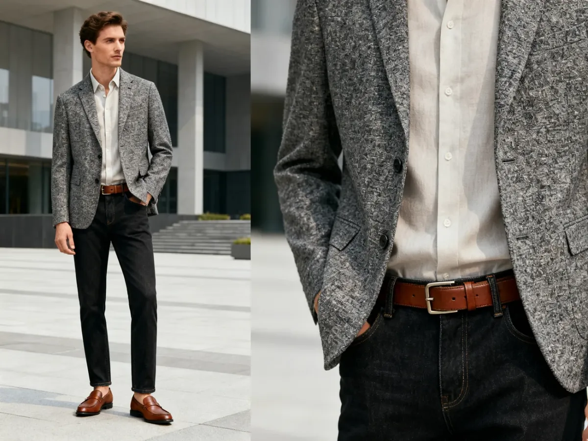 Smart casualowa stylizacja z szarą marynarką, ciemnymi jeansami i skórzanymi loafersami