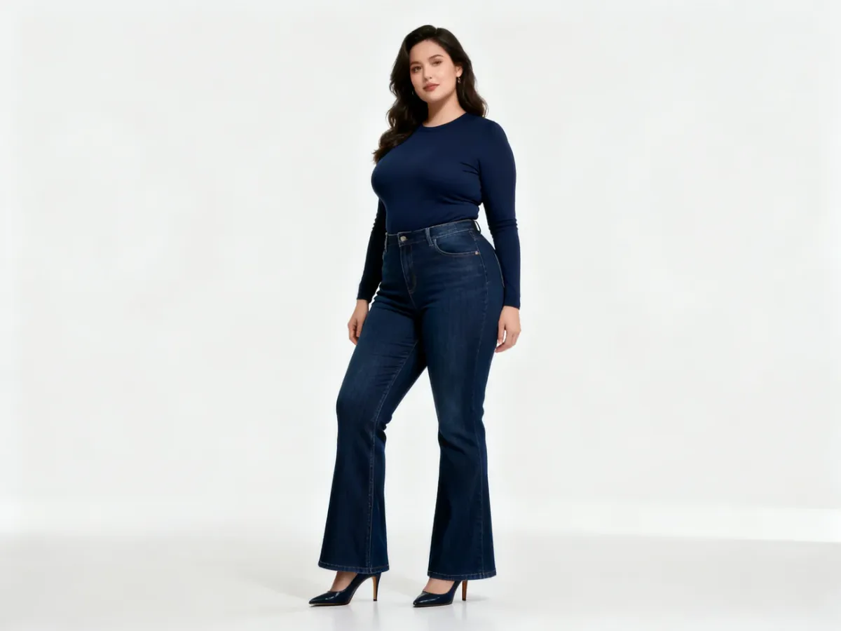 Kobieta w ciemnych jeansach bootcut podkreślających talię i równoważących biodra
