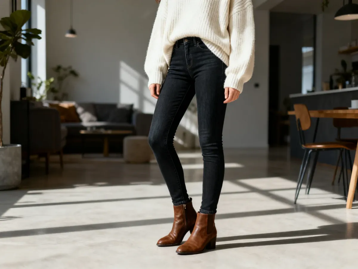 Dopasowane skinny jeansy z obszernym swetrem i botkami