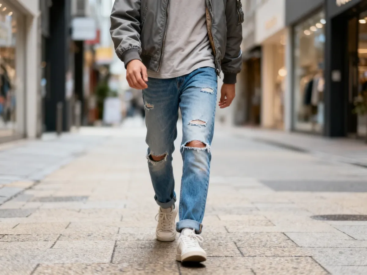 Casualowa stylizacja z przetartymi jeansami, T-shirtem i bomberką