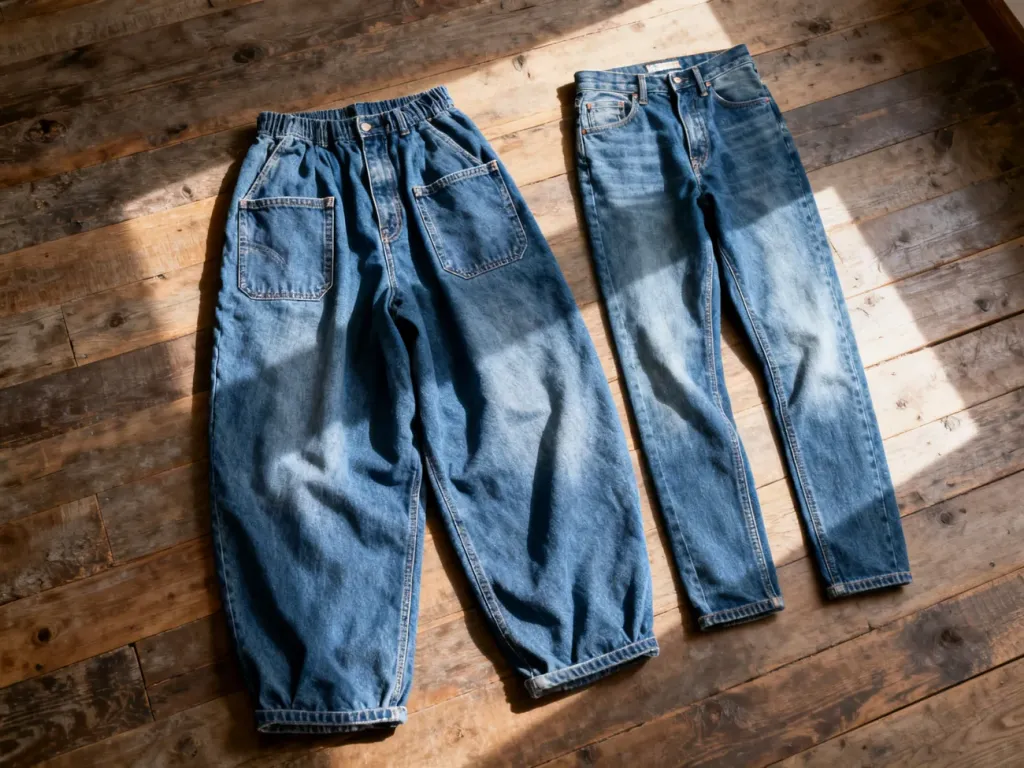 Porównanie szerokich jeansów typu baggy oraz zwężanych spodni relaxed fit ułożonych na drewnianym podłożu.