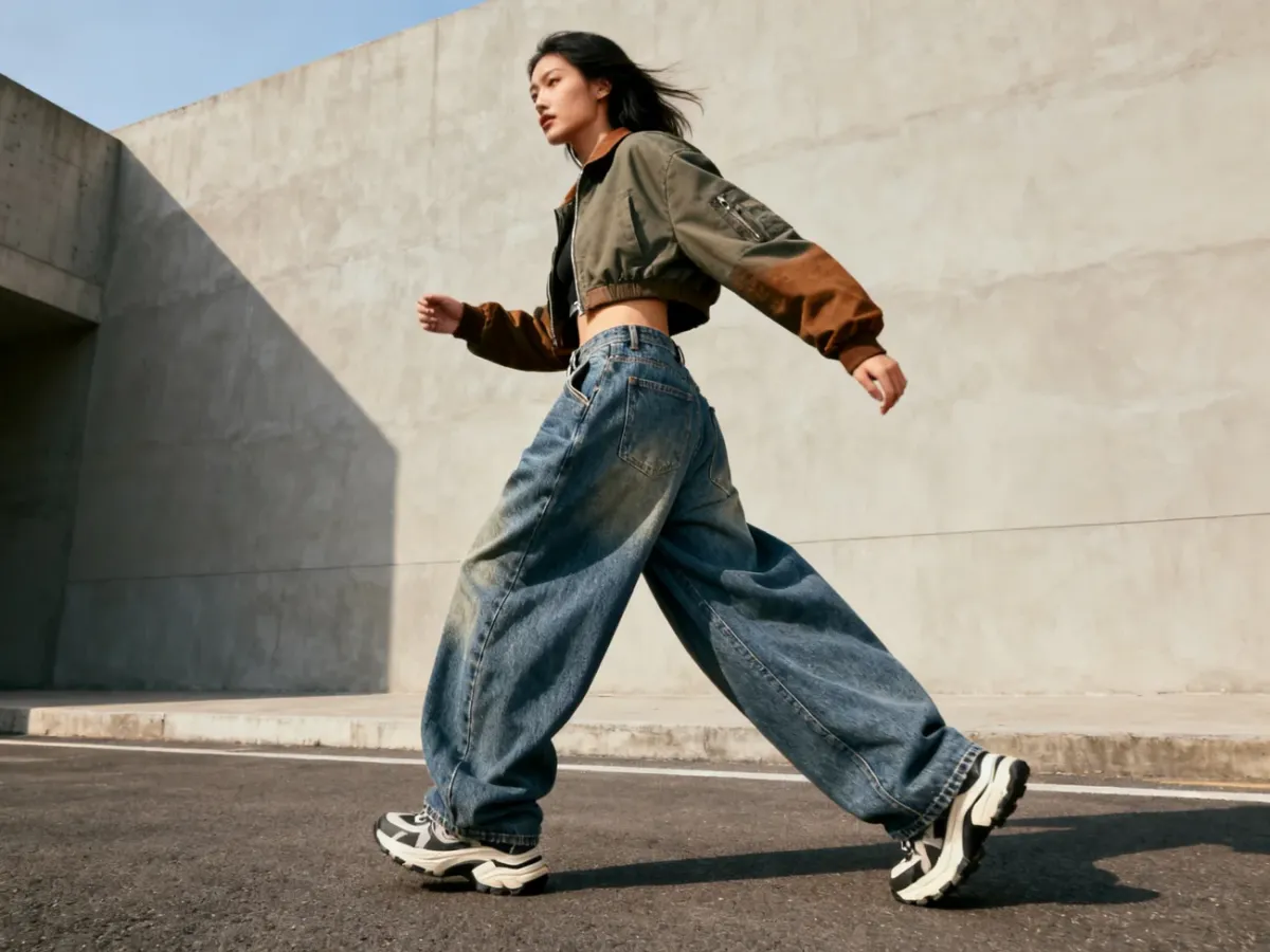 Obszerna stylizacja streetwearowa z jeansami baggy