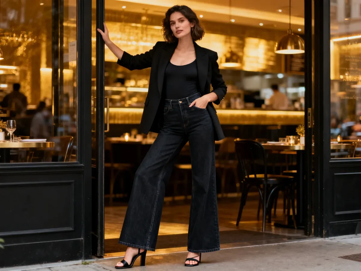 Elegancka stylizacja z wide leg jeansami i obuwiem na obcasie