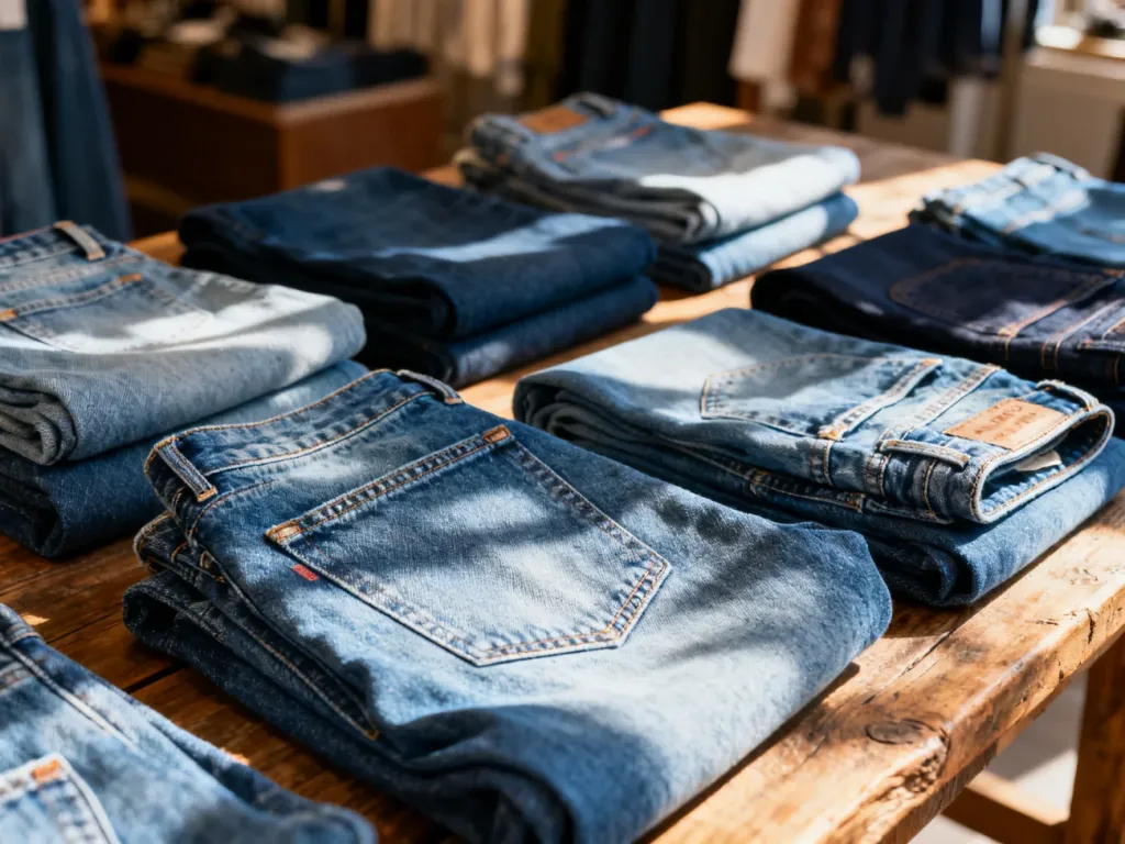 Różne modele damskich jeansów w odcieniach niebieskiego, starannie złożone na drewnianym stole.
