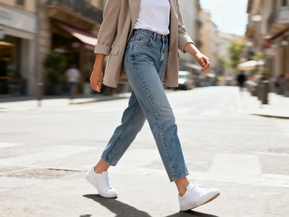 Mom jeans zestawione z klasycznymi białymi sneakersami w miejskiej stylizacji