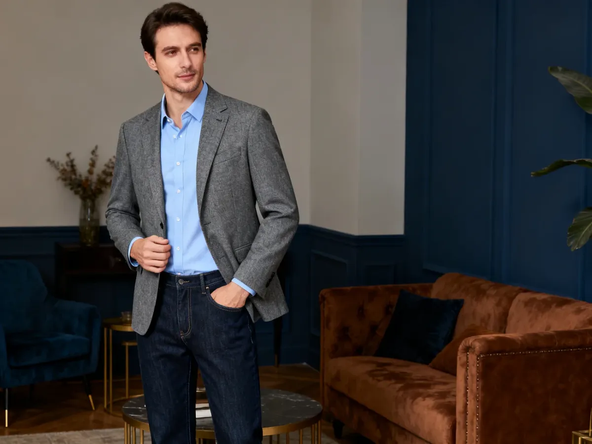 Mężczyzna w ciemnych jeansach, koszuli i szarej marynarce w stylu smart casual