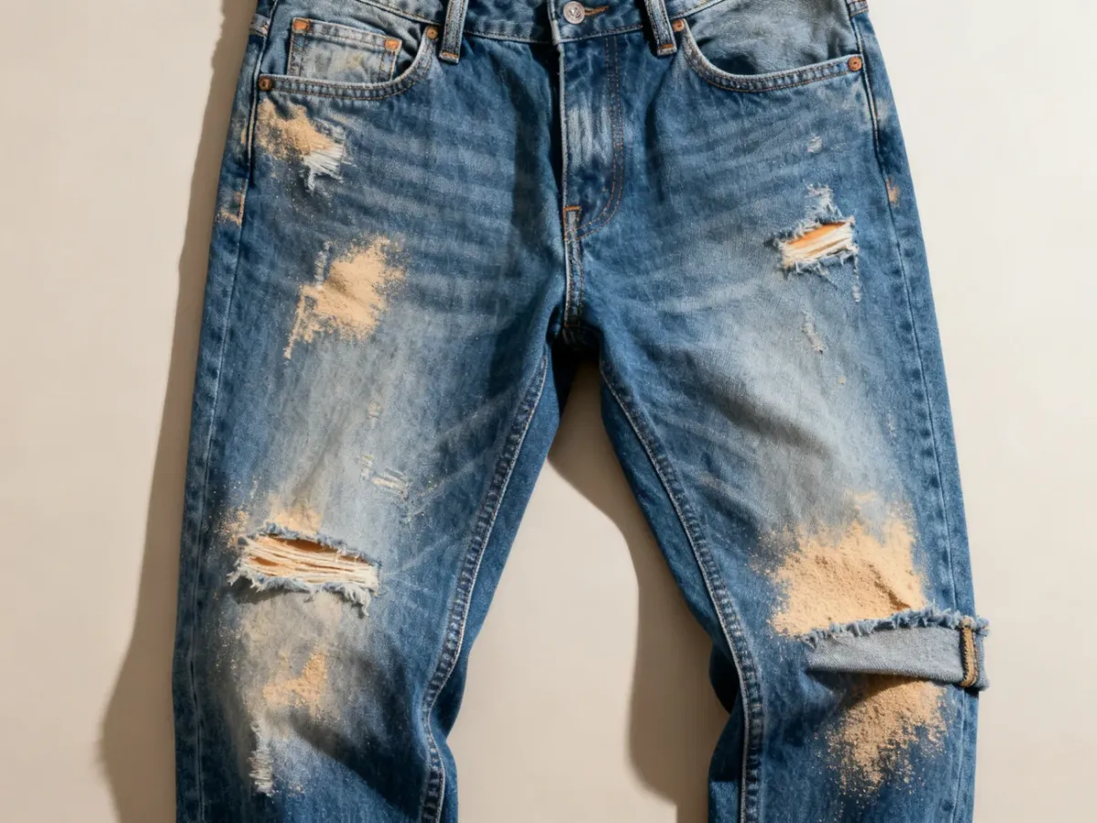 Jeans with localized scraped and sandblasted fading