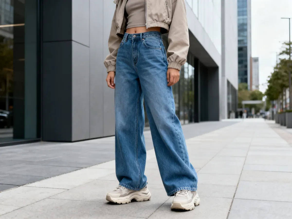 Szerokie jeansy opadające na masywne sneakersy typu dad-shoes