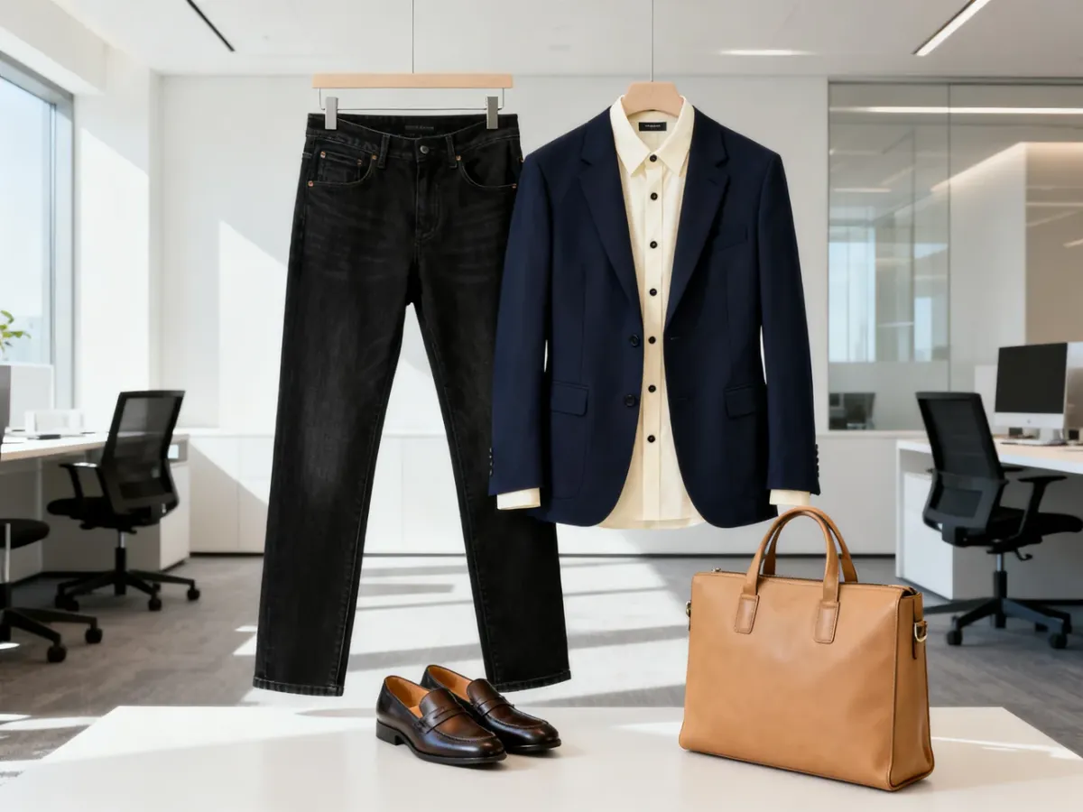 Dopracowana stylizacja smart casual z ciemnymi jeansami