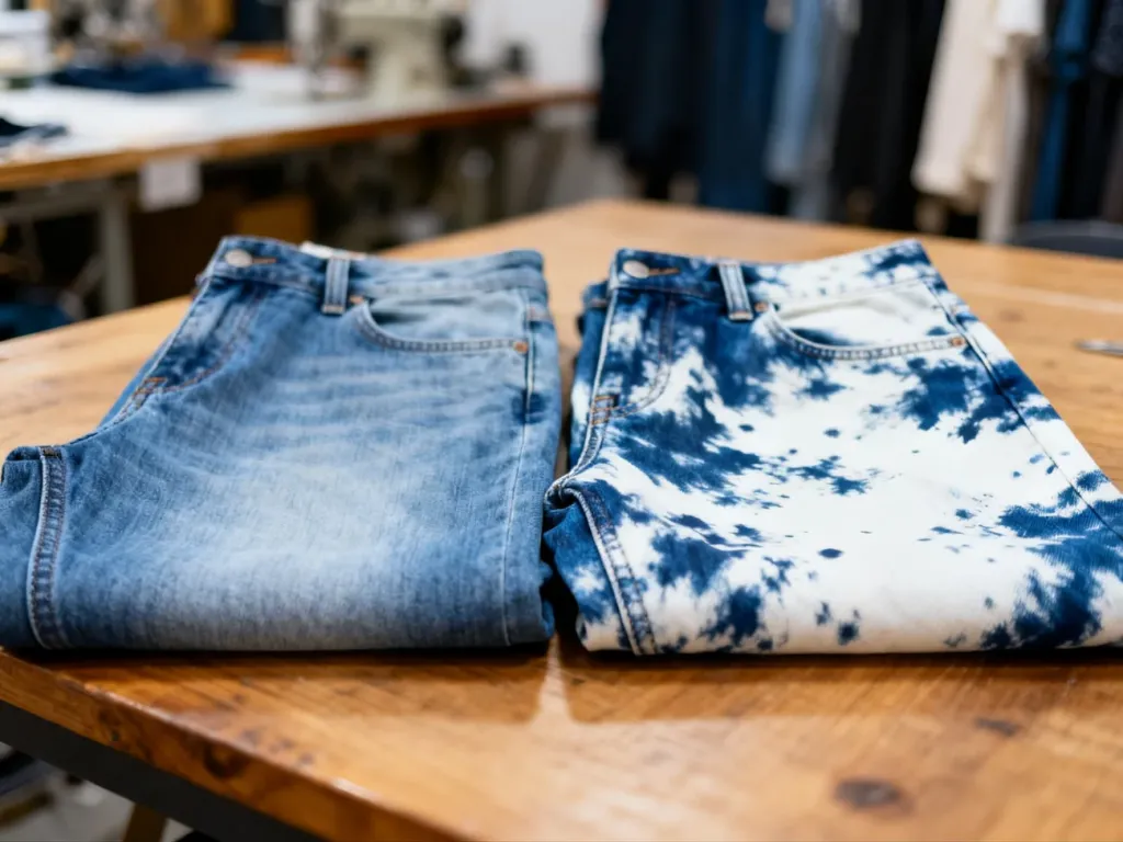 Porównanie tekstur jeansu: stonewashed o delikatnym wybarwieniu oraz kontrastowy, marmurkowy wzór acid wash.