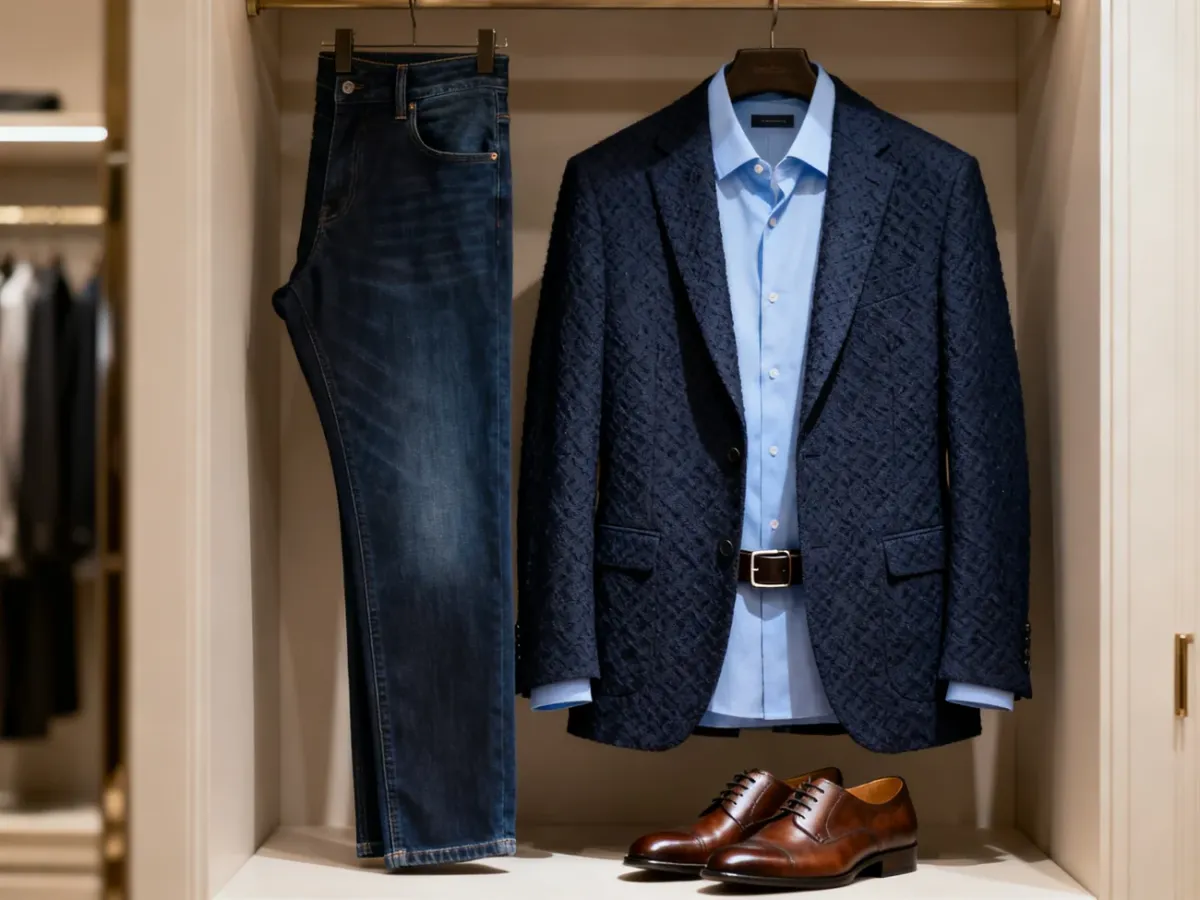 Elementy eleganckiej stylizacji z jeansami, marynarką i skórzanymi dodatkami