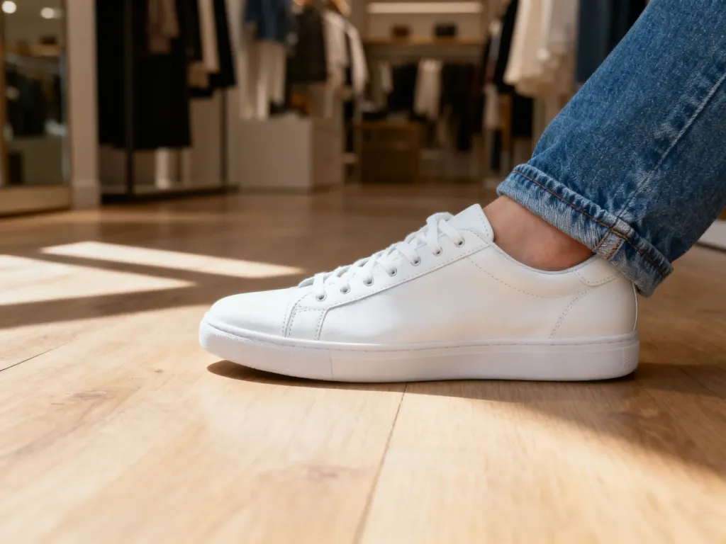 Białe skórzane sneakersy zestawione z klasycznymi niebieskimi jeansami na drewnianej podłodze w minimalistycznym wnętrzu.