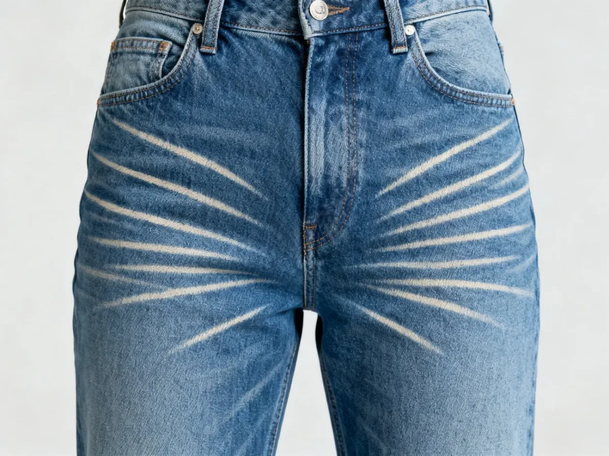 Jeans with pale whisker lines across the hips and upper thighs