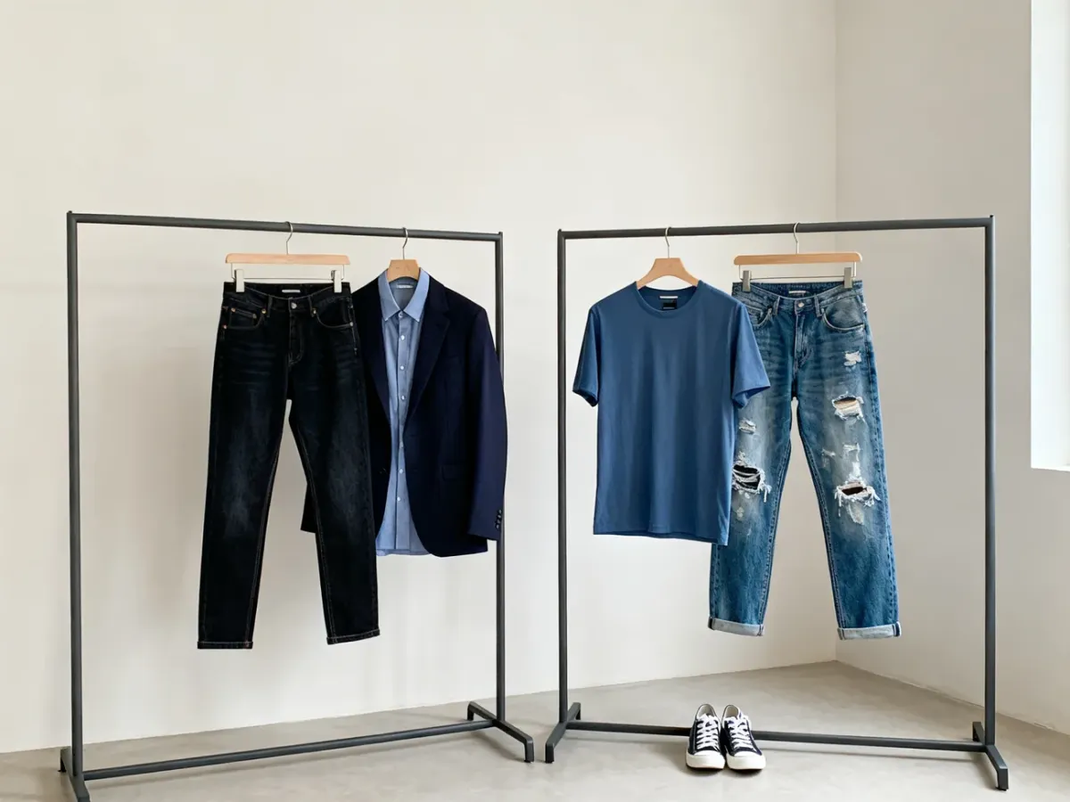 Porównanie eleganckiej stylizacji z ciemnymi jeansami i luźnej stylizacji z przetartymi