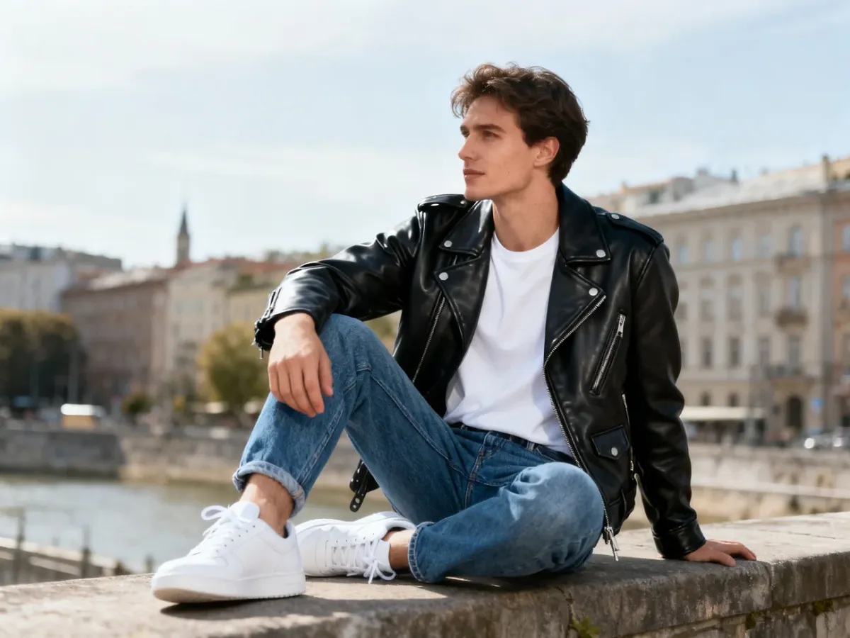 Casual outfit with a black biker jacket, white T-shirt, blue jeans and white sneakers