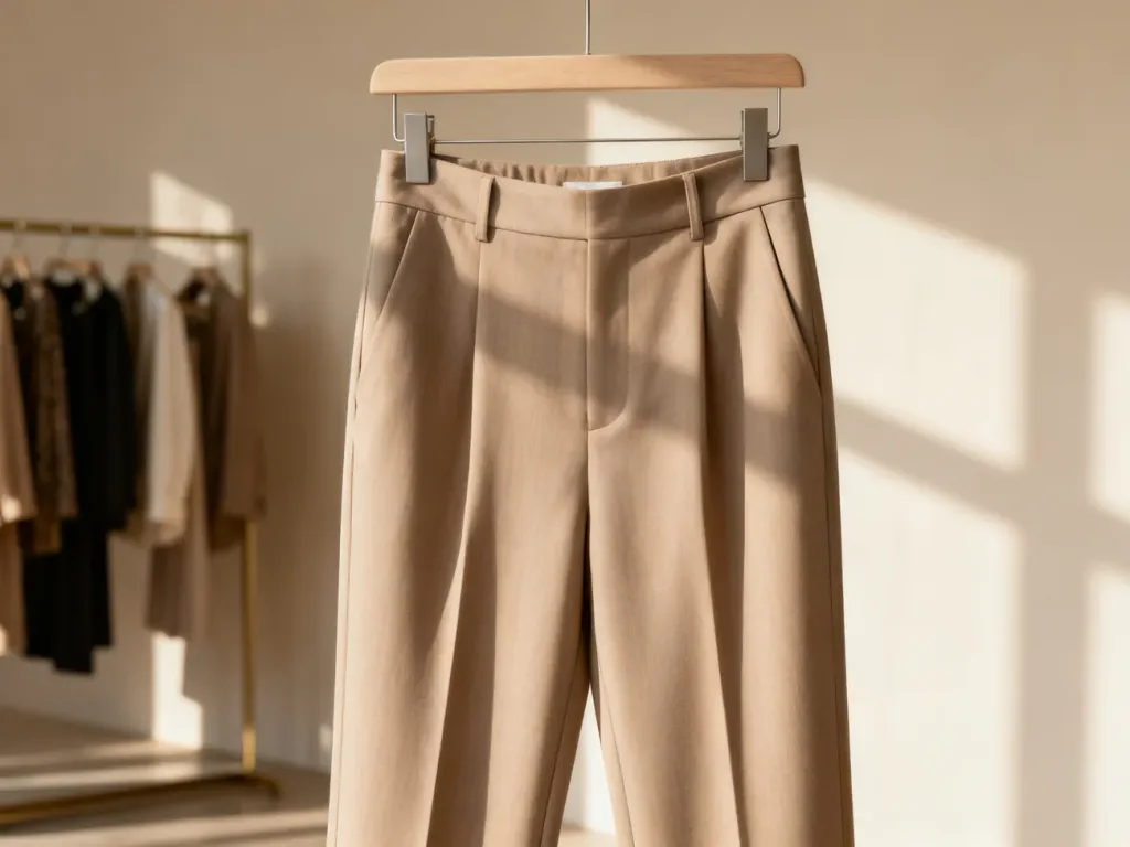 Eleganckie spodnie z wysokim stanem zawieszone na drewnianym wieszaku, podkreślające ich krój i wysoką jakość materiału.