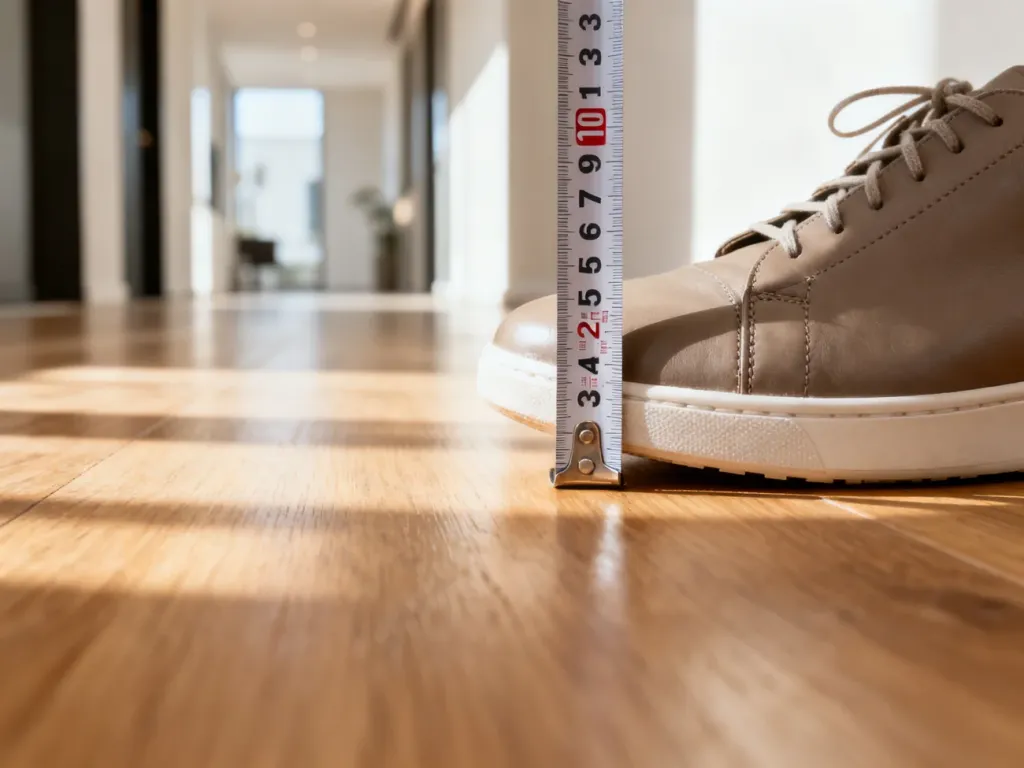Miarka krawiecka wskazująca 25 cm obok skórzanego sneakersa na drewnianej podłodze, ilustrująca sposób pomiaru długości stopy.