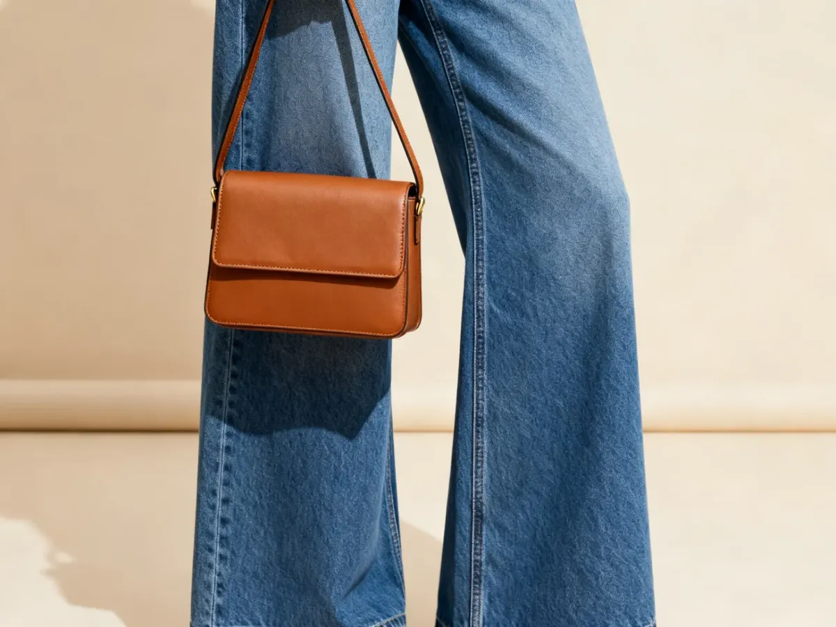 Wide-leg jeans styled with a small caramel handbag