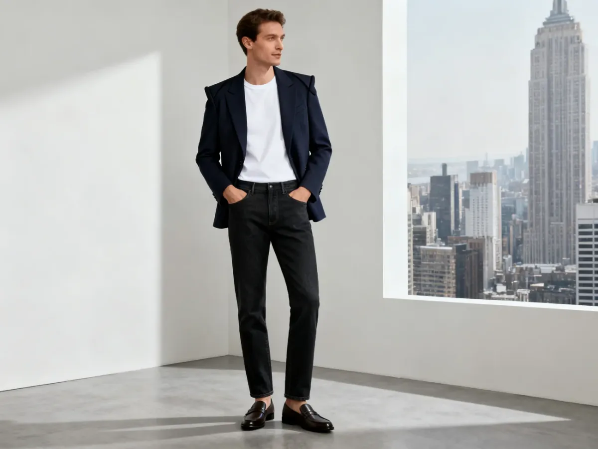 Jeansy, biały t-shirt i marynarka w stylizacji smart-casual