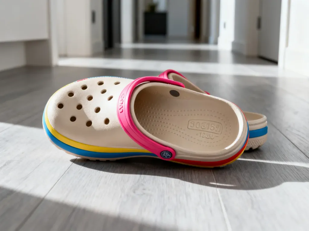 Kolorowe chodaki Crocs na jasnej podłodze z wyraźnym zbliżeniem na wytłoczony rozmiar na wkładce buta.
