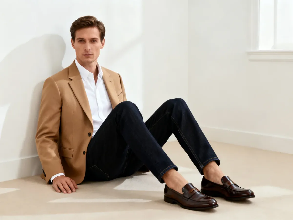 Stylizacja smart casual z ciemnymi jeansami, białą koszulą i marynarką