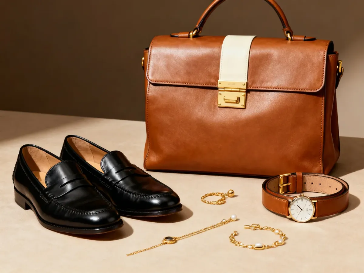 Eleganckie dodatki: loafersy, skórzana torebka, pasek i subtelna biżuteria