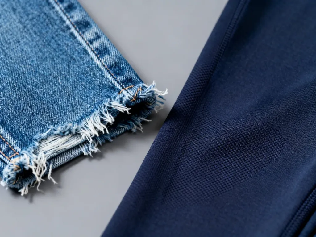 Zbliżenie na fakturę sztywnego denimu typu raw oraz elastycznego jeansu z widocznym splotem włókien.
