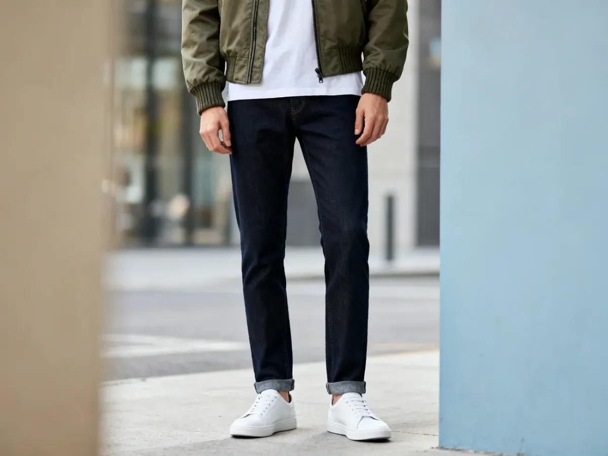 Granatowe jeansy z białym T-shirtem, oliwkową bomberką i białymi sneakersami
