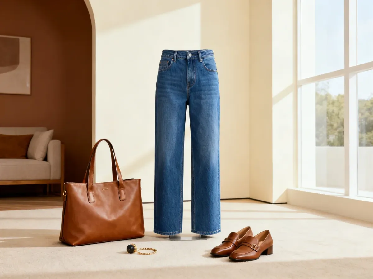 Balanced jeans outfit with a medium structured leather bag