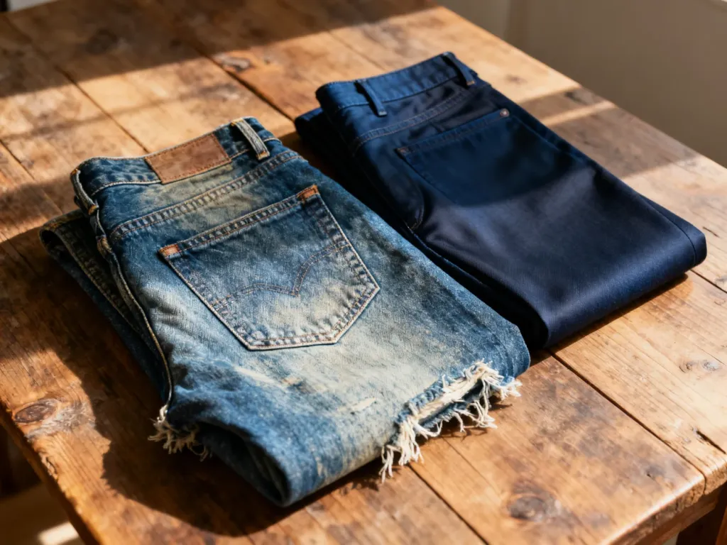 Porównanie klasycznych, przetartych jeansów vintage z nowymi, sztywnymi spodniami w kolorze ciemnego indygo.