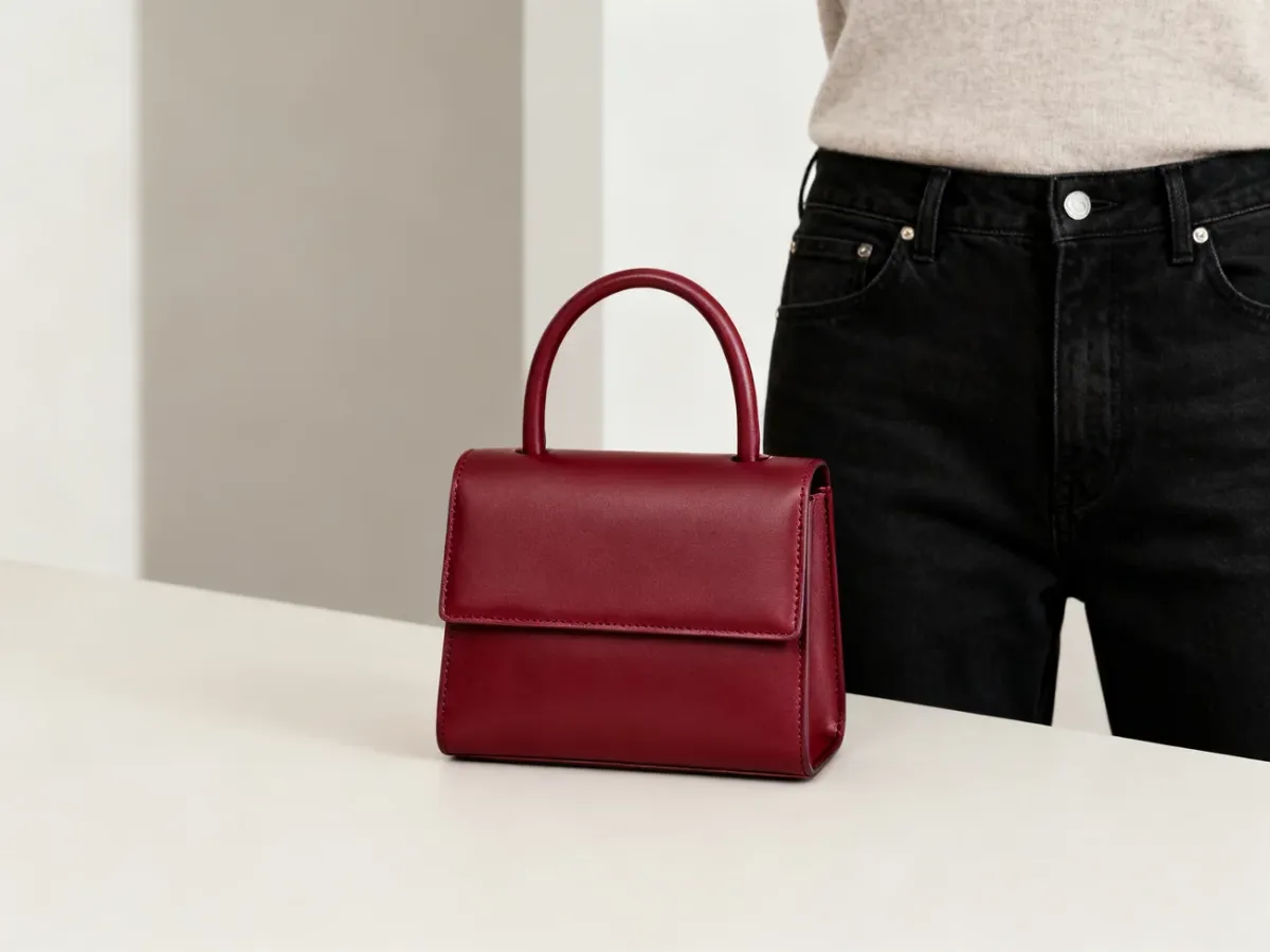 Black jeans paired with a small burgundy handbag