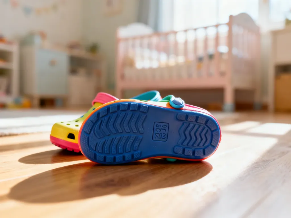 Kolorowe dziecięce chodaki Crocs na drewnianej podłodze z wyraźnie widocznym oznaczeniem rozmiaru na podeszwie.