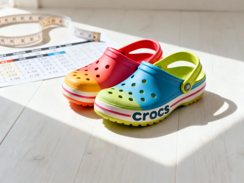 Kolorowe chodaki Crocs na drewnianym blacie w towarzystwie miarki, ilustrujące proces dobierania rozmiaru obuwia.