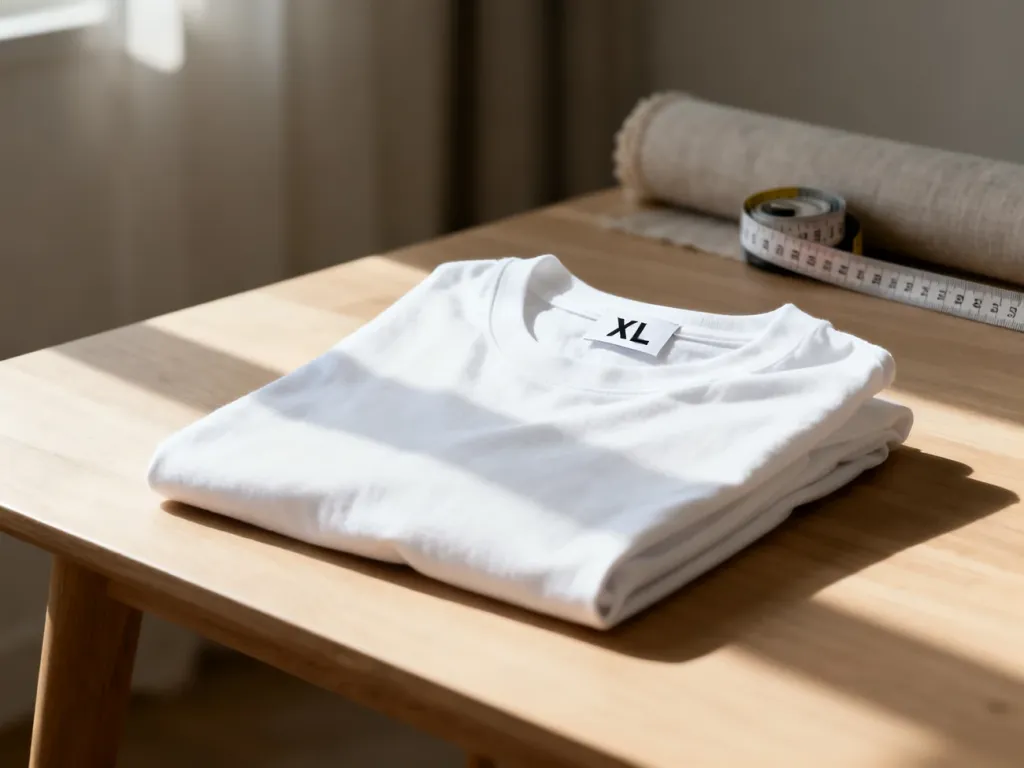 Biały bawełniany T-shirt w rozmiarze XL starannie złożony na drewnianym stole, obok którego leży miara krawiecka.
