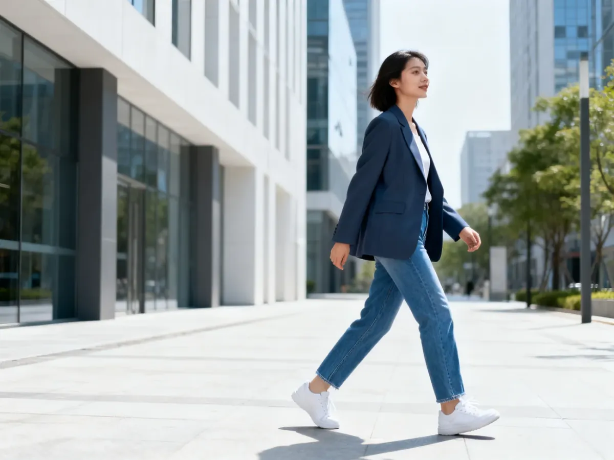 Kobieta w jeansach i białych sneakersach w miejskiej stylizacji