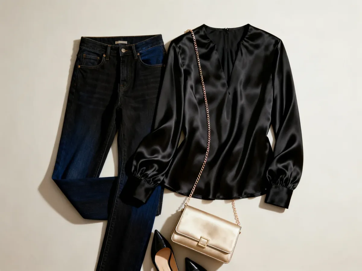Elegant evening outfit with jeans and a small chain shoulder bag