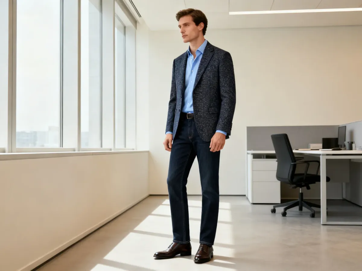 Stylizacja biurowa z ciemnymi jeansami, marynarką i elegancką koszulą